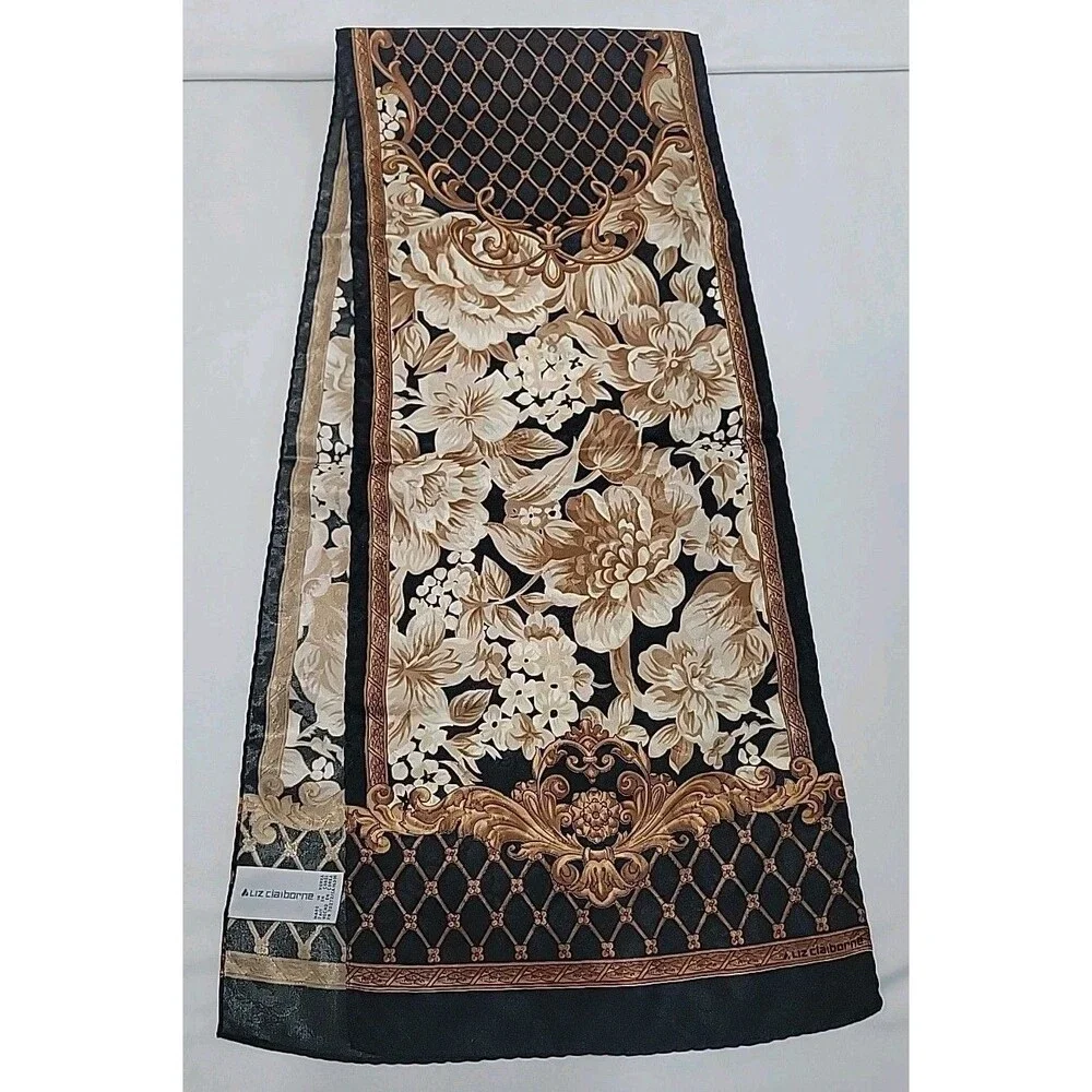 Vintage Liz Claiborne Silk Scarf Oblong Black Gold Baroque Floral Lattice Long